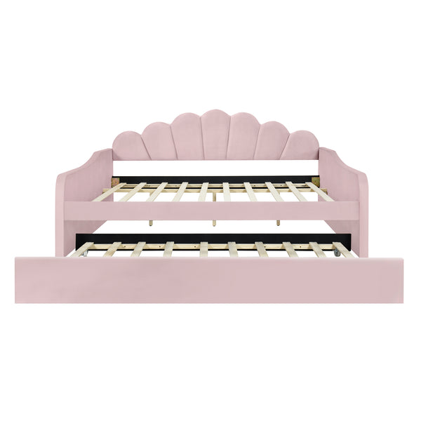 English Elm Full Full Size Upholstery Daybed Frame with Shell Backrest and Pull-Out Trundle, Velvet Elegance Pink DL001826AAH