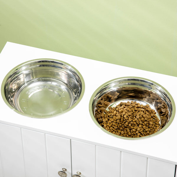 English Elm PawHut Elevated Dog Bowl Stand with 44L Storage Cabinet, Magnetic Doors, Stainless Bowls, White W2225P166297