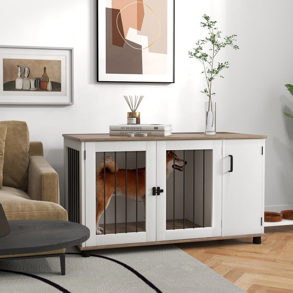 English Elm Pawhut Walnut Furniture Dog Kennel with Side Table Top and Concealed Storage Cabinet W2225P166429