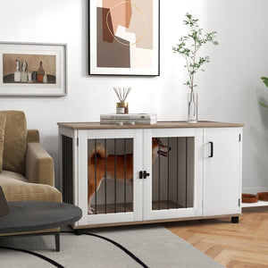 English Elm Pawhut Walnut Furniture Dog Kennel with Side Table Top and Concealed Storage Cabinet W2225P166429