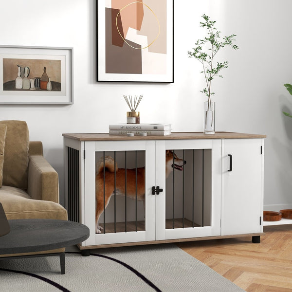 English Elm Pawhut Walnut Furniture Dog Kennel with Side Table Top and Concealed Storage Cabinet W2225P166429