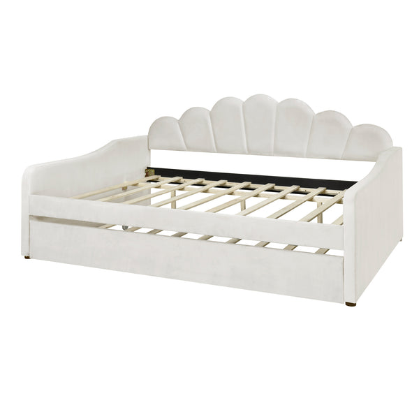 English Elm Full Full Size Upholstery Daybed Frame with Shell Backrest and Pull-Out Trundle, Velvet Elegance White DL001826AAA