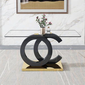 English Elm Large Tempered Glass Rectangular Dining Table Seats Six with Matte Black Metal Frame W1151S04299