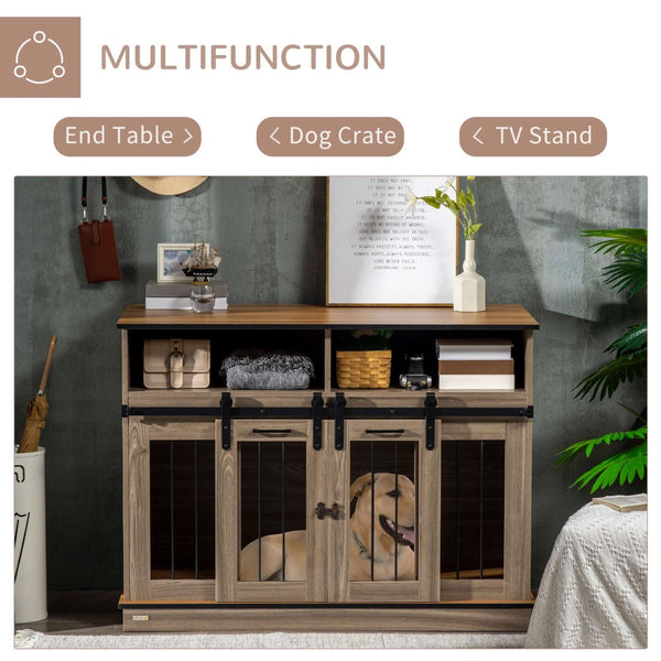 English Elm Pawhut Oak Finish Dog Kennel End Table with Divider for Living Room Decor W2225P166309