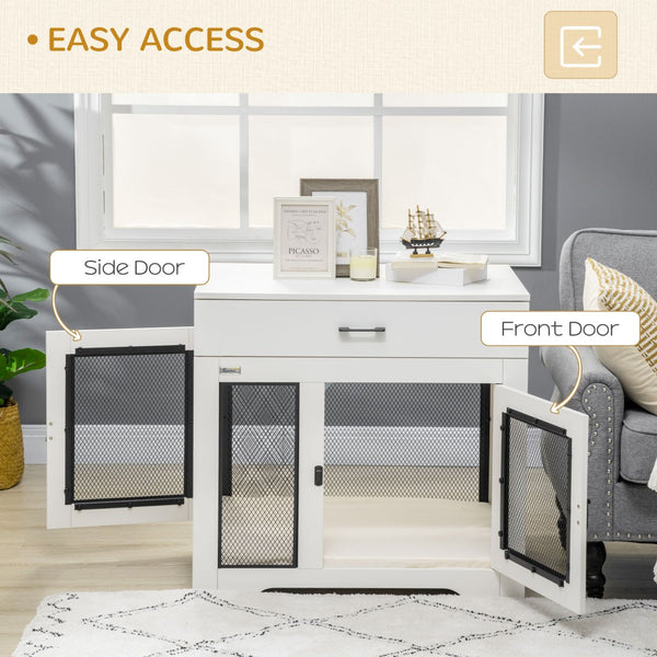 English Elm Pawhut Pet Crate End Table with Drawer Cushion Small Dog Kennel Furniture White W2225P166312