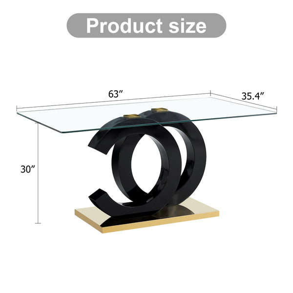 English Elm Large Tempered Glass Rectangular Dining Table Seats Six with Matte Black Metal Frame W1151S04299