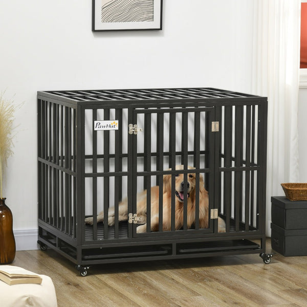 English Elm Pawhut Welded Steel Dog Kennel with Lockable Wheels Slide Out Tray and Safe Floor W2225P166304