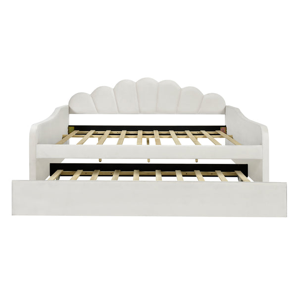 English Elm Full Full Size Upholstery Daybed Frame with Shell Backrest and Pull-Out Trundle, Velvet Elegance White DL001826AAA