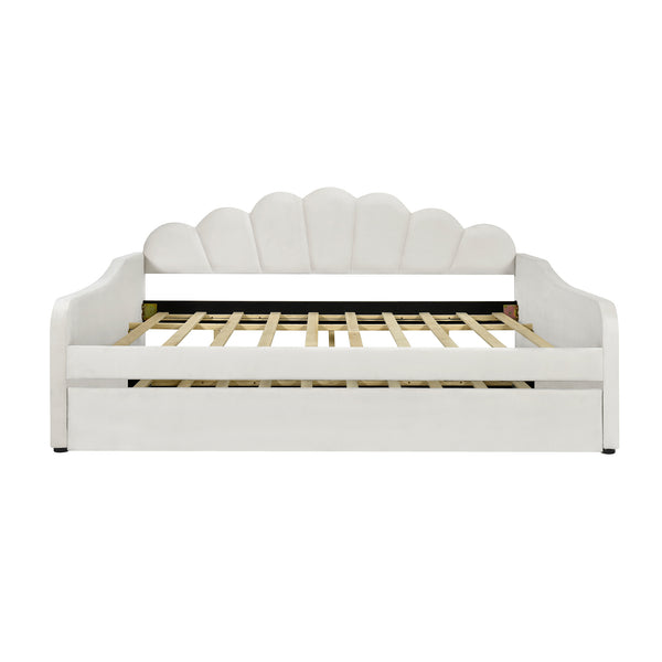 English Elm Full Full Size Upholstery Daybed Frame with Shell Backrest and Pull-Out Trundle, Velvet Elegance White DL001826AAA