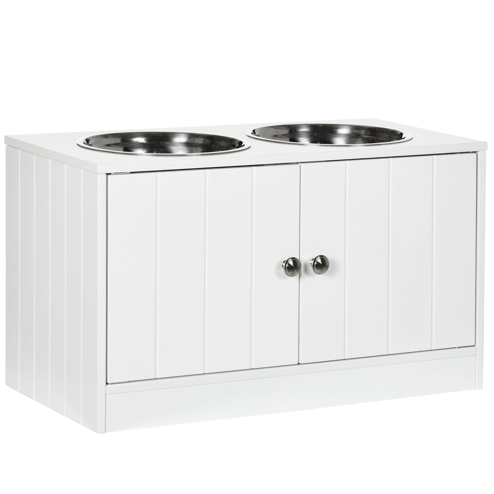 English Elm PawHut Elevated Dog Bowl Stand with 44L Storage Cabinet, Magnetic Doors, Stainless Bowls, White W2225P166297