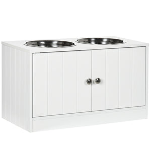 English Elm PawHut Elevated Dog Bowl Stand with 44L Storage Cabinet, Magnetic Doors, Stainless Bowls, White W2225P166297