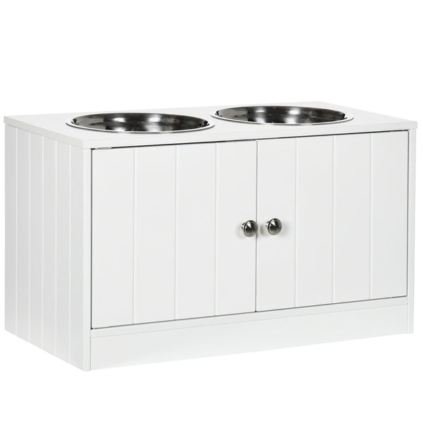 English Elm PawHut Elevated Dog Bowl Stand with 44L Storage Cabinet, Magnetic Doors, Stainless Bowls, White W2225P166297