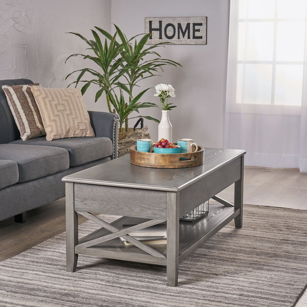 English Elm Christopher Knight Home® - COFFEE Lift-Top Farmhouse Coffee Table with Hidden Storage, X-Side Supports, Veneer Finish, Rustic Elegance Grey 64520.00