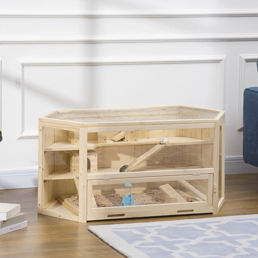 English Elm Pawhut Three Tier Natural Wood Small Animal Habitat with Seesaws Huts and Activity Center W2225P166267
