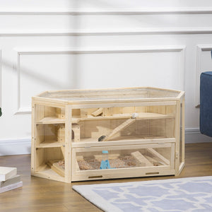 English Elm Pawhut Three Tier Natural Wood Small Animal Habitat with Seesaws Huts and Activity Center W2225P166267