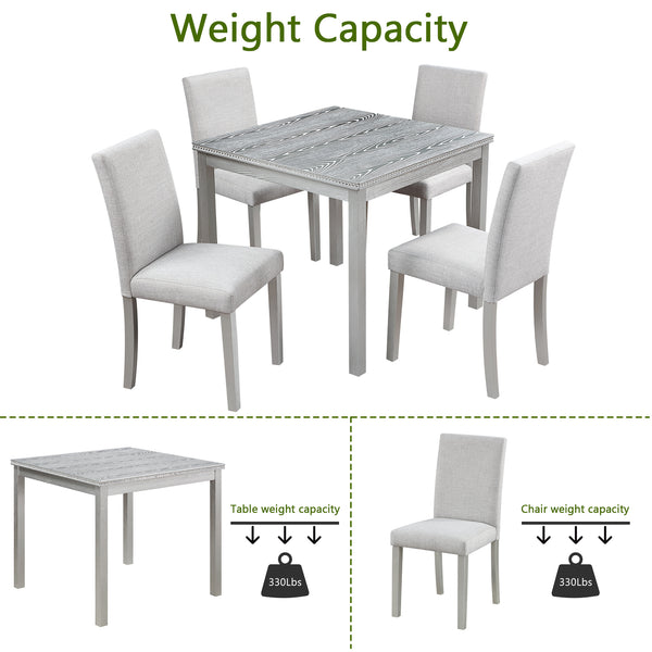 English Elm 5 Piece Wooden Dining Table Set - Elegant Square Table & 4 Upholstered Chairs In Silver Grey Finish W1998S00042