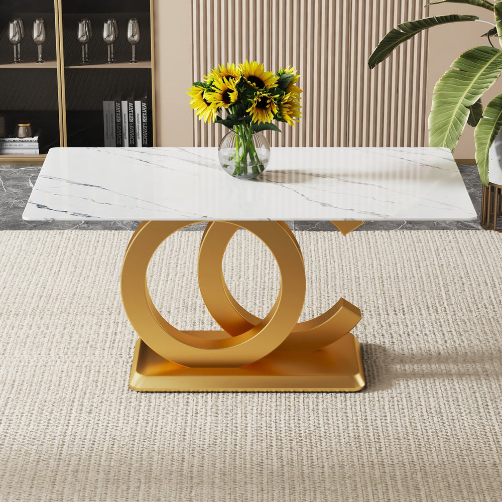English Elm A Striking Modern Minimalist Rectangular Dining Table For 6-8 With Gold Base & Tempered Glass Top W1151S04361
