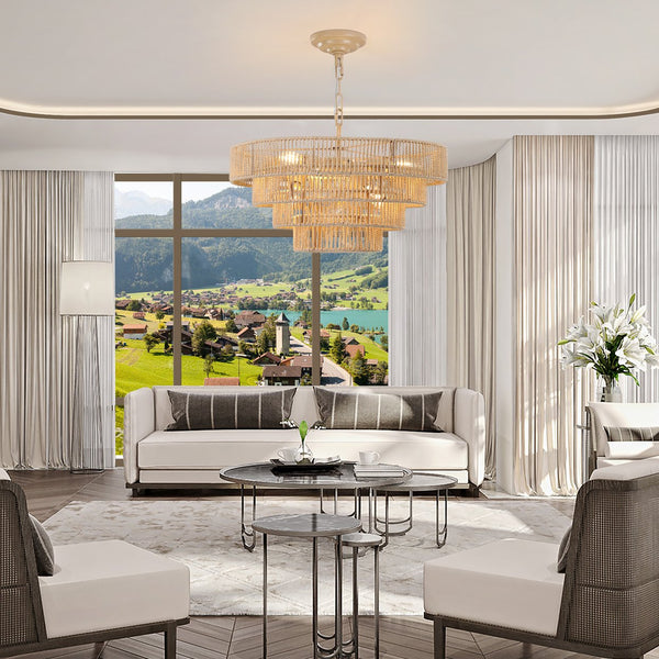 English Elm (Same As W1340P155976/L1019-4) 20" Boho Modern 4-Layer Woven Hemp Chandelier - Elegant Pendant Light Fixture W1340P206665