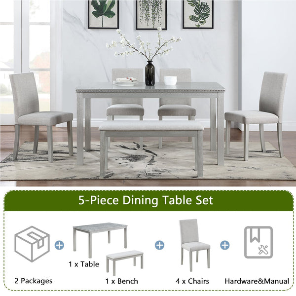 English Elm 6 Piece Wooden Dining Set For 6 - Elegant Silver Grey Table With 4 Cushioned Chairs & Bench W1998S00045