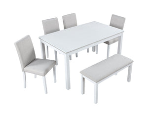 English Elm 6 Piece Wooden Dining Table Set - Elegant Rectangular Table With Upholstered Chairs & Bench For 6 W1998S00046
