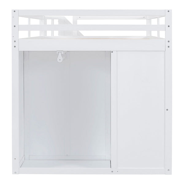 English Elm Full Size Pinewood Loft Bed with Wardrobe Staircase Storage and Open Shelving White LT000524AAK-1