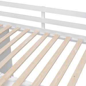 English Elm Full Size Pinewood Loft Bed with Wardrobe Staircase Storage and Open Shelving White White LT000524AAK
