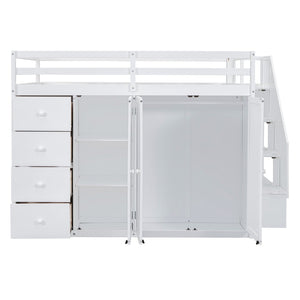 English Elm Full Size Pinewood Loft Bed with Wardrobe Staircase Storage and Open Shelving White LT000524AAK-1