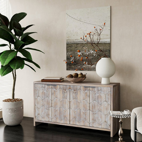 English Elm Accent Farmhouse Sideboard with Fluted Doors Natural Wood Wash Finish Dining Storage W1435P151555