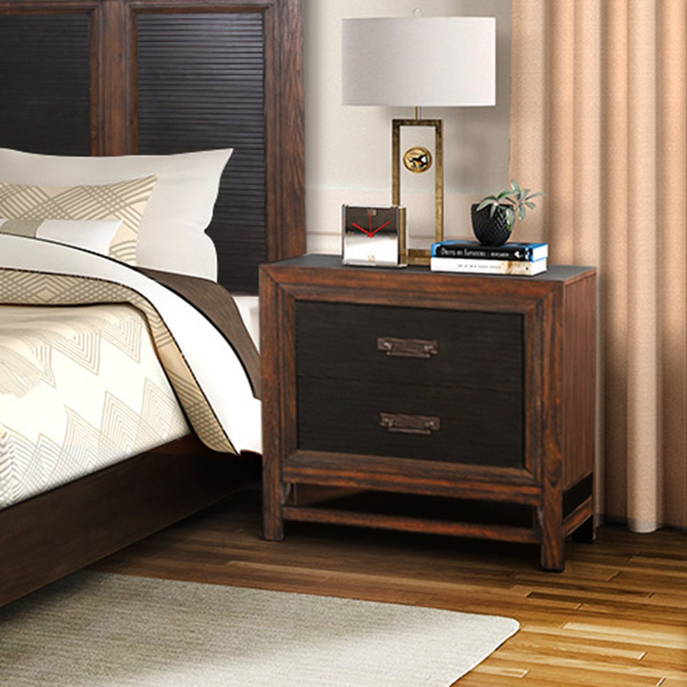 English Elm Two-Drawer Nightstand Rustic Buckeye & Black Finish with Felt-Lined Drawer, Antique Brass Hardware, Fully Assembled and Phone Charging Ready B108P163825