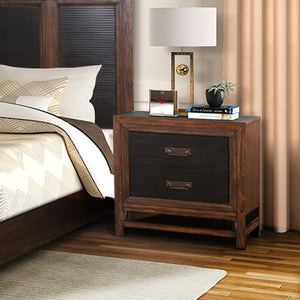 English Elm Two-Drawer Nightstand Rustic Buckeye & Black Finish with Felt-Lined Drawer, Antique Brass Hardware, Fully Assembled and Phone Charging Ready B108P163825