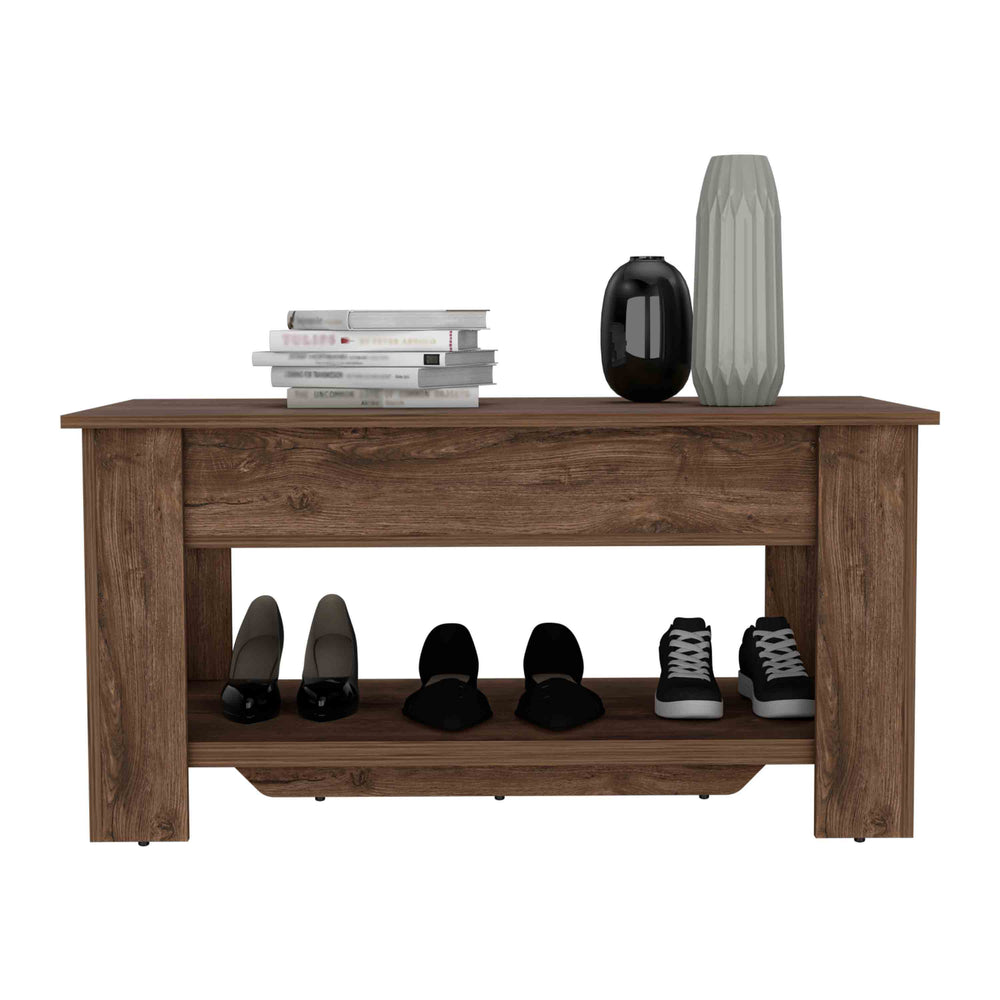 English Elm Storage Lift-Top Table with Shoe Rack Shelf, Dark Brown Particleboard, Metal Hinges for Entryway Living Room Bedroom B097133161