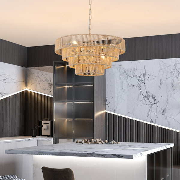 English Elm (Same As W1340P155976/L1019-4) 20" Boho Modern 4-Layer Woven Hemp Chandelier - Elegant Pendant Light Fixture W1340P206665