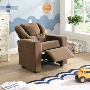 English Elm Kids Velvet Recliner Chair with Dual Cup Holders, Ergonomic Toddler Sofa, Durable 150lb Capacity, Brown W2297P164709
