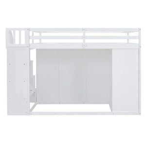 English Elm Full Size Pinewood Loft Bed with Wardrobe Staircase Storage and Open Shelving White LT000524AAK-1