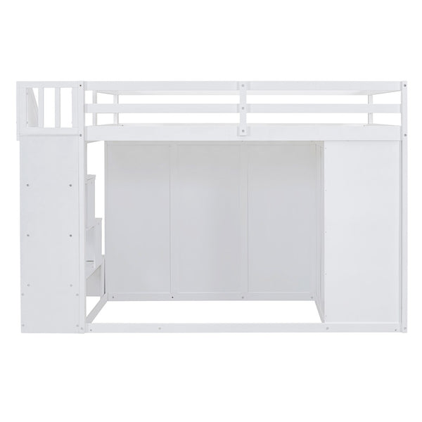 English Elm Full Size Pinewood Loft Bed with Wardrobe Staircase Storage and Open Shelving White White LT000524AAK