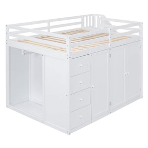 English Elm Full Size Pinewood Loft Bed with Wardrobe Staircase Storage and Open Shelving White LT000524AAK-1