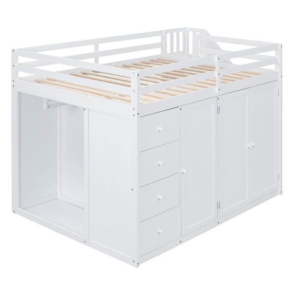 English Elm Full Size Pinewood Loft Bed with Wardrobe Staircase Storage and Open Shelving White LT000524AAK-1
