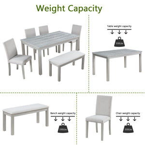 English Elm 6 Piece Wooden Dining Set For 6 - Elegant Silver Grey Table With 4 Cushioned Chairs & Bench W1998S00045