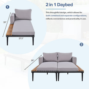 English Elm TOPMAX Modern Outdoor Daybed 2-in-1 Convertible Patio Chaise with Acacia Wood Side Tables, Washable Cushions, Sturdy Iron Frame Gray SP100013AAE