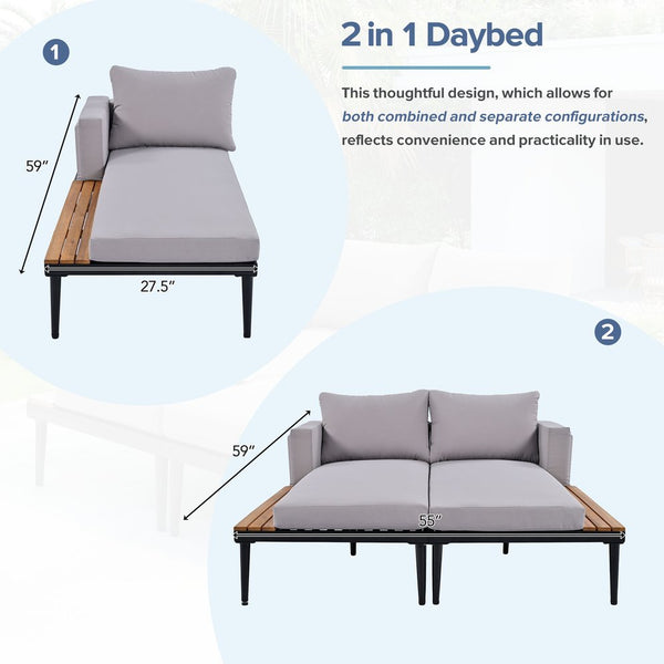 English Elm TOPMAX Modern Outdoor Daybed 2-in-1 Convertible Patio Chaise with Acacia Wood Side Tables, Washable Cushions, Sturdy Iron Frame Gray SP100013AAE