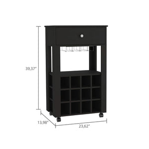 English Elm 39" Black Bar Coffee Cart with 12 Wine Racks, Open Shelf, Cup Holders & Drawer — Stylish Storage Centerpiece B097133083