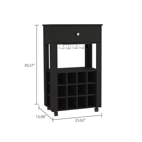 English Elm 39" Black Bar Coffee Cart with 12 Wine Racks, Open Shelf, Cup Holders & Drawer — Stylish Storage Centerpiece B097133083