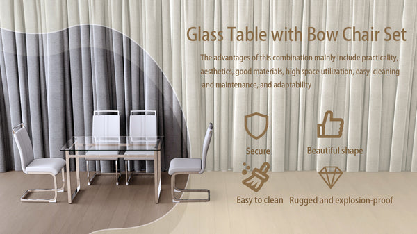 English Elm 51 Inch Glass Dining Table Set For 4 - Modern Tempered Glass Top & Ergonomic Chairs For Small Spaces W2189S00076