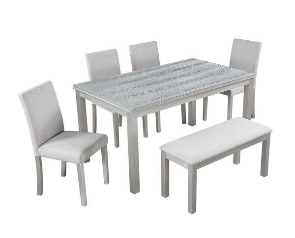 English Elm 6 Piece Wooden Dining Set For 6 - Elegant Silver Grey Table With 4 Cushioned Chairs & Bench W1998S00045