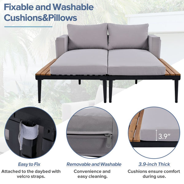 English Elm TOPMAX Modern Outdoor Daybed 2-in-1 Convertible Patio Chaise with Acacia Wood Side Tables, Washable Cushions, Sturdy Iron Frame Gray SP100013AAE