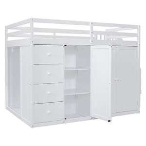 English Elm Full Size Pinewood Loft Bed with Wardrobe Staircase Storage and Open Shelving White LT000524AAK-1