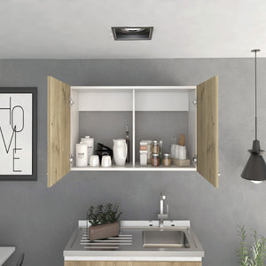 English Elm Wall Cabinet - Space-Saving Two-Door Design With Adjustable Shelves In White And Light Oak Finish B097133159-GIGA