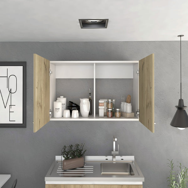 English Elm Wall Cabinet - Space-Saving Two-Door Design With Adjustable Shelves In White And Light Oak Finish B097133159-GIGA