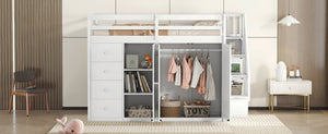 English Elm Full Size Pinewood Loft Bed with Wardrobe Staircase Storage and Open Shelving White LT000524AAK-1