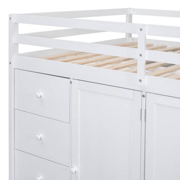 English Elm Full Size Pinewood Loft Bed with Wardrobe Staircase Storage and Open Shelving White White LT000524AAK